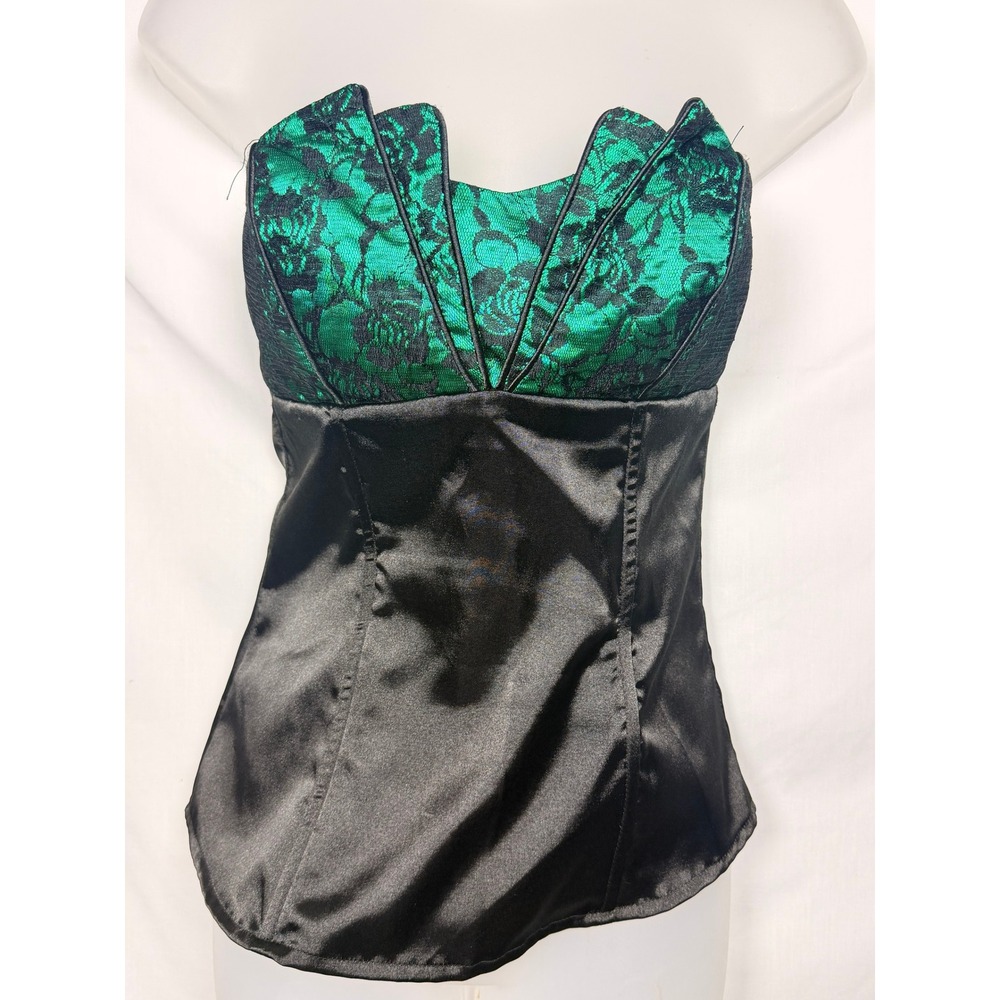 Charlotte Russe Women Corset Top Medium Green Black Floral Lace Satin Y2K Club